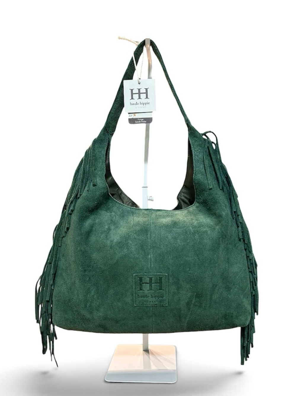 NWT Haute Hippie Genuine Leather Suede Forest Green Slouchy Hobo Fringe Bag